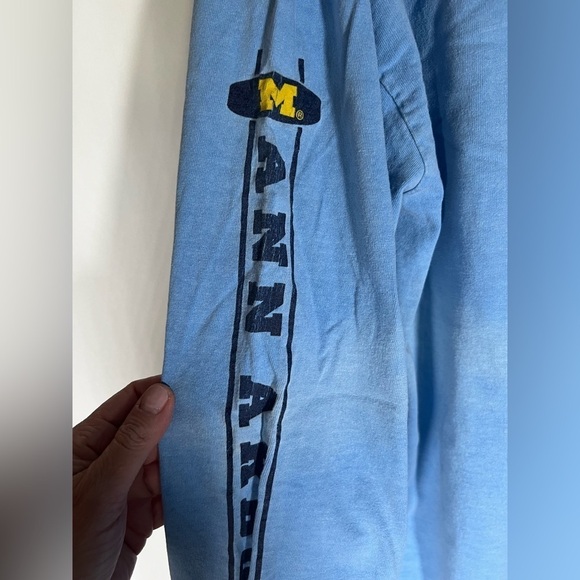Vintage 90s Y2K Oarsmen light blue distressed Michigan Wolverines LS tshirt sz L - Picture 3 of 9